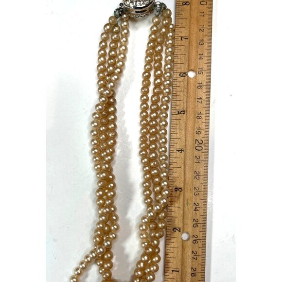 Vintage Sarah Cov Triple-Strand Faux Pearl Necklace W/ Rhinestone Clasp 28" A381 - Picture 6 of 7